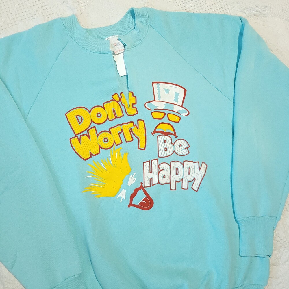 Vintage 80s 90s vtg Large Light Blue Crewneck Sweatshirt Don't Worry Be Happy